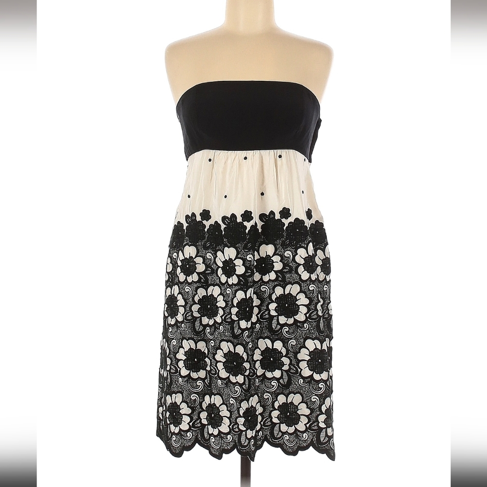 Tibi Embroidered Black and White Flower Strapless Dress